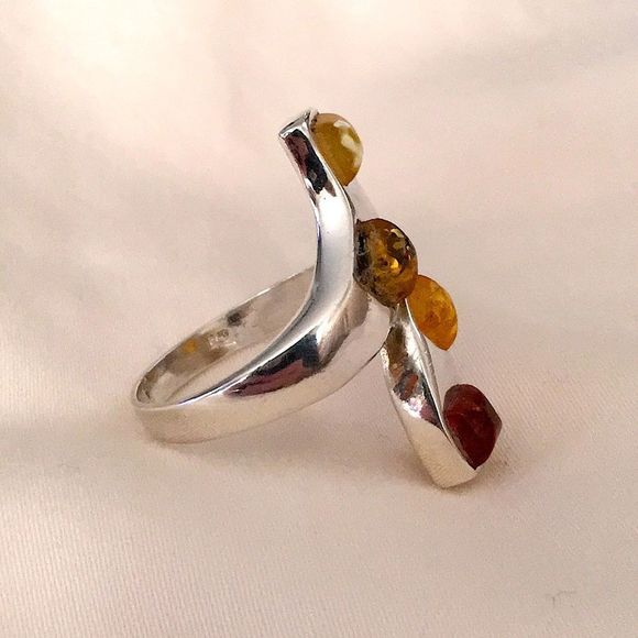 VINTAGE Amber Sterling Silver Bypass Ring Sz 9-1/2 - Picture 4 of 9